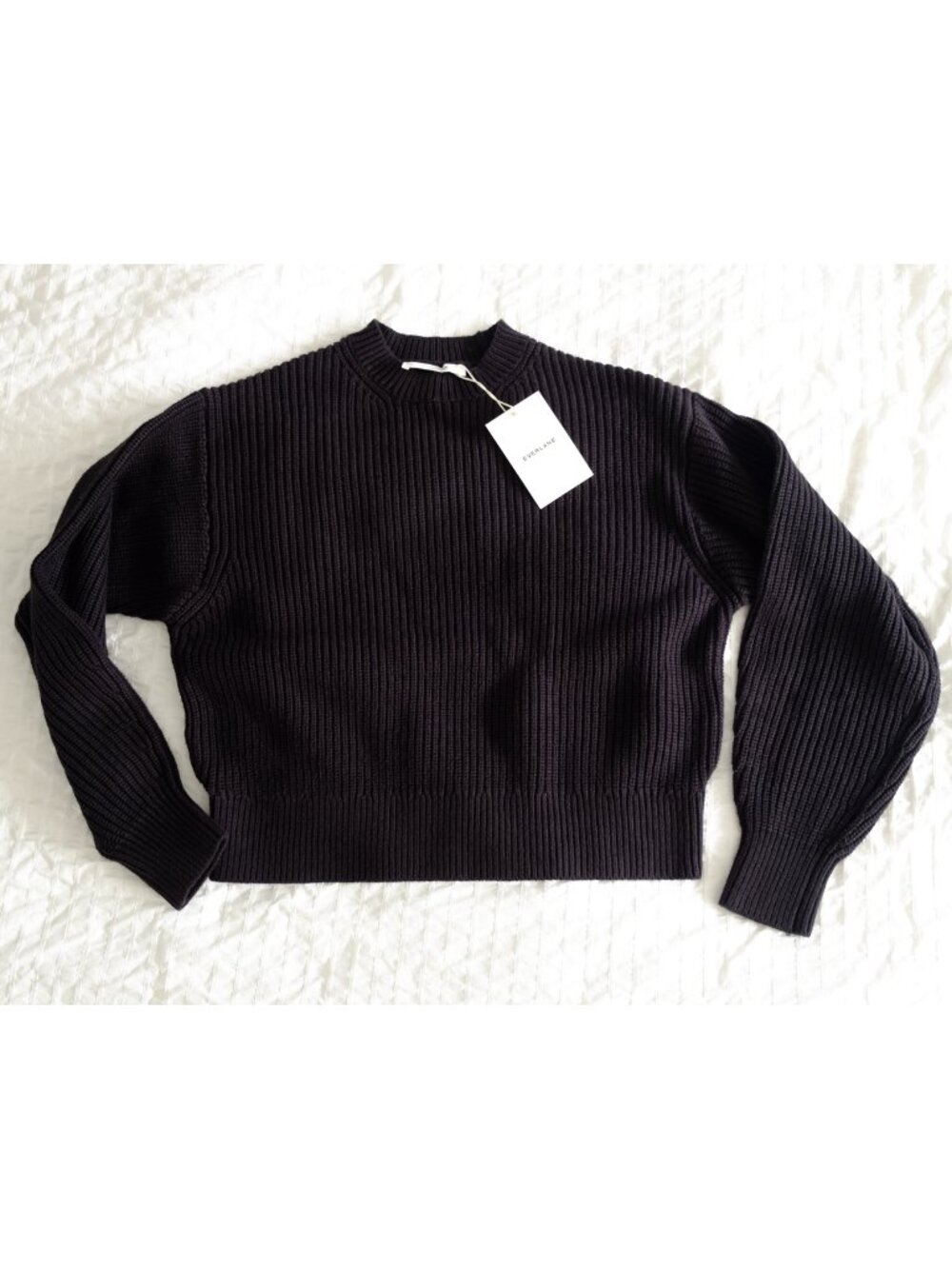 Everlane Cropped Ribbed Crew Sweater in Cotton - Black - S - NWT